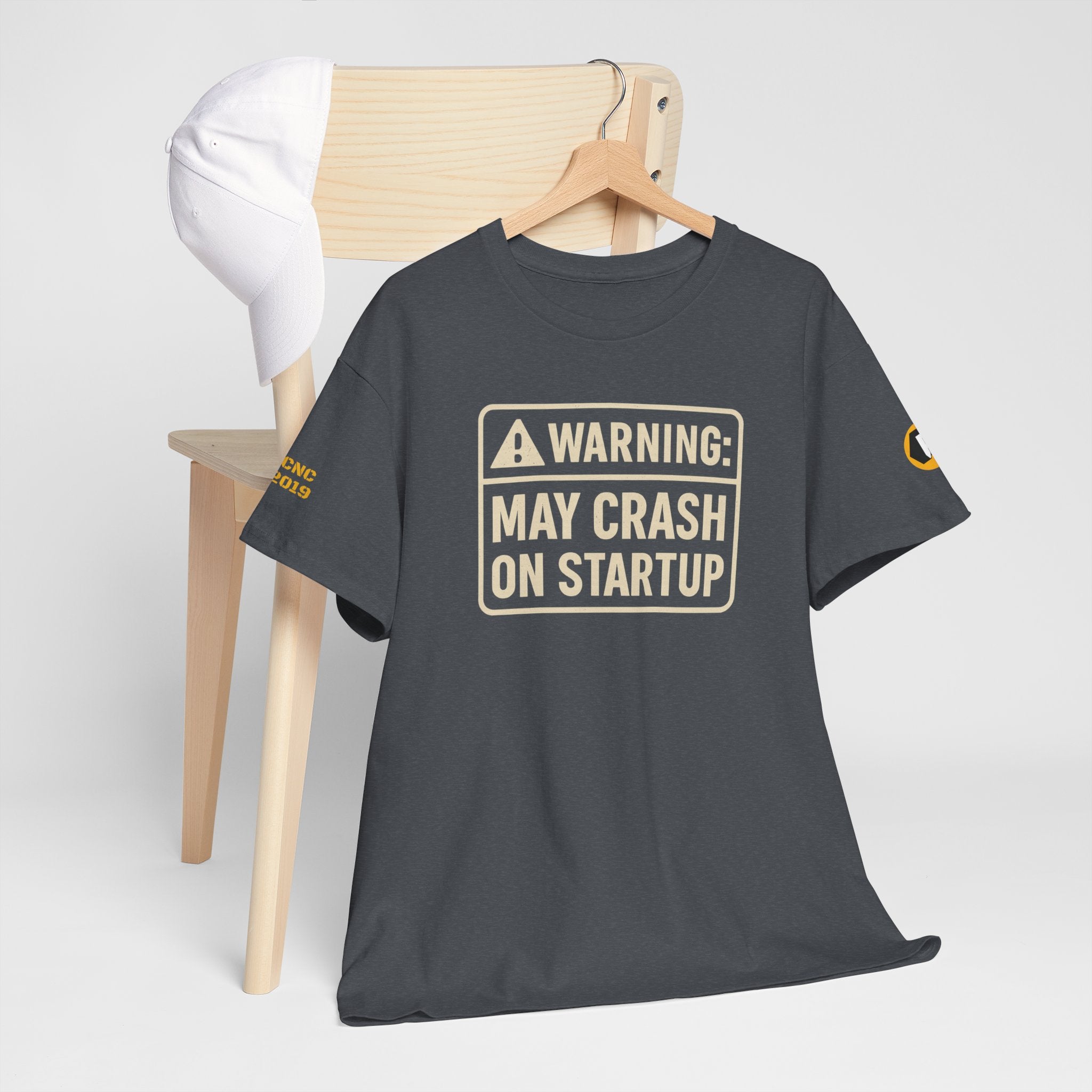 Warning: May Crash on Startup Unisex Heavy Cotton Tee, Funny Graphic Shirt, Tech Enthusiast Gift, Programmer Humor T-Shirt, Casual Wear