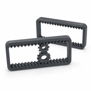 Dark gray 3D printed suspended gear fidget toy with two captured gears inside a rectangular frame
